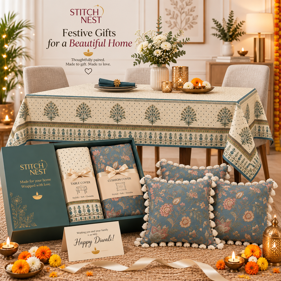 Ethnic Table Cover & Tasseled Cushion Cover Combo | Festive Home Décor Gift Set