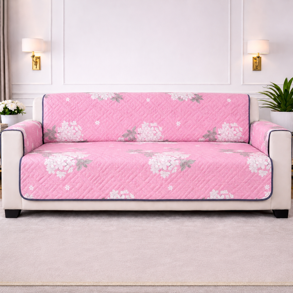Rose Whisper Reversible Cotton Quilted Sofa Cover with Armrest & Storage Pocket –  (1, 2 & 3 Seater | 24x60, 48x60, 70x60 Inch)