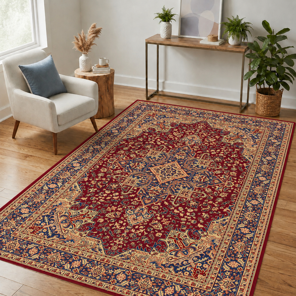 Crimson Darbar Traditional Persian Medallion Rug for Living Room | Classic Floral Border Print Carpet | Red, Navy Blue & Gold 5 feet x 7 feet for Home Decor