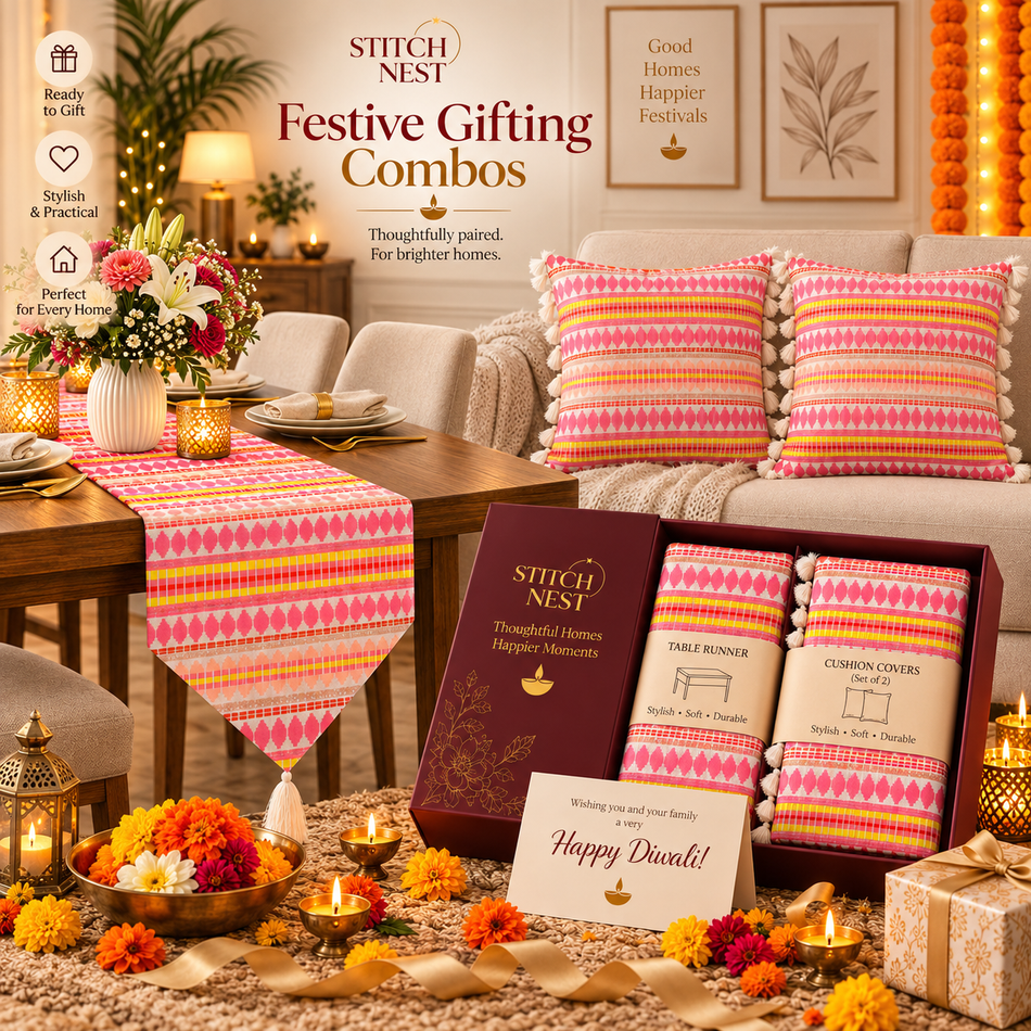 Rangrez Bloom Premium Home Gifting Combo – Table Runner & Cushion Covers