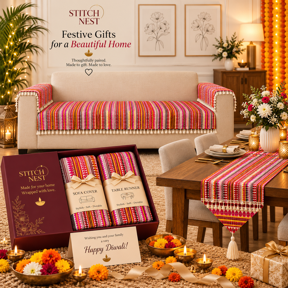 Ruby Fiesta Premium Home Gifting Set – Vibrant Cushio Cover with Coordinated Table Runner