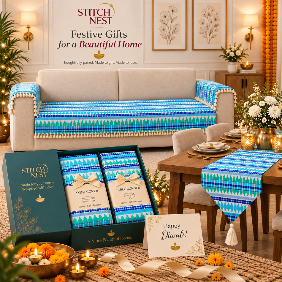 Festive Harmony Gift Set – Sofa Cover & Table Runner Combo (Blue)