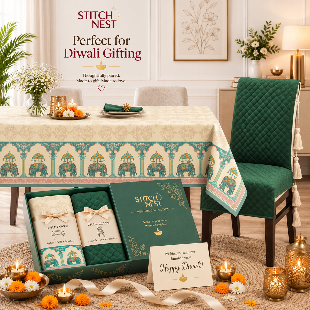 Table Cover (54 x 78 Inches) + 6 Chair Covers,Green