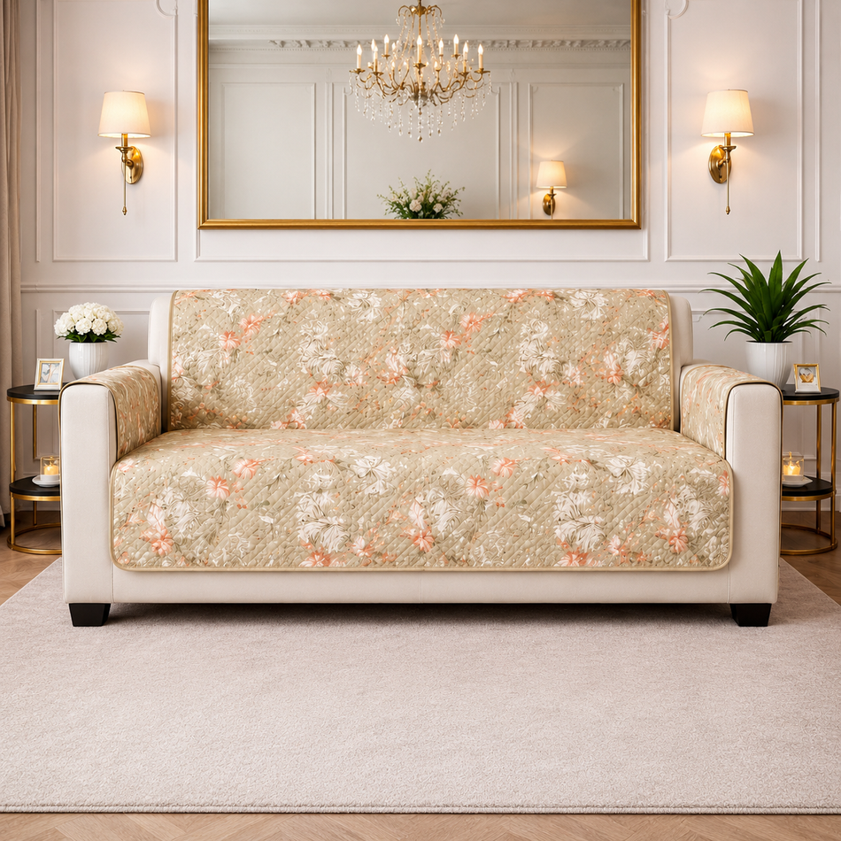 Linen Blossom Reversible Cotton Quilted Sofa Cover with Armrest & Storage Pocket –  (1, 2 & 3 Seater | 24x60, 48x60, 70x60 Inch)