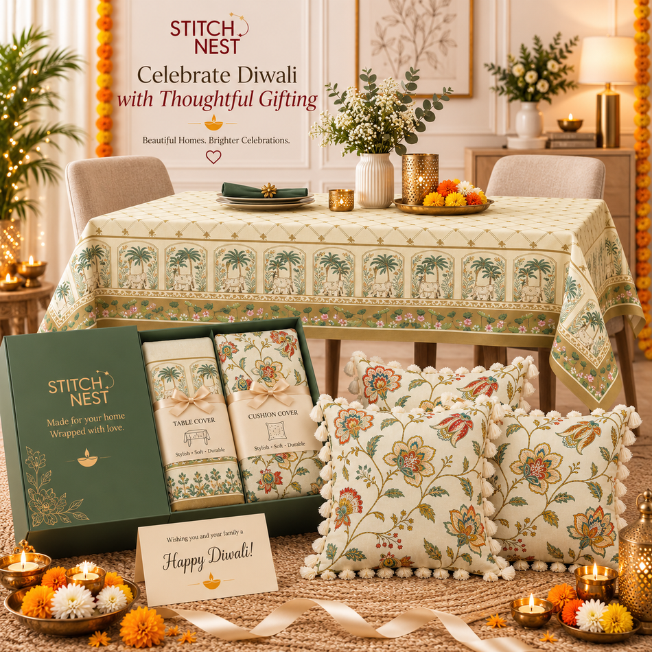Traditional Table Cover & Tasseled Cushion Cover Combo | Festive Home Décor Gift Set