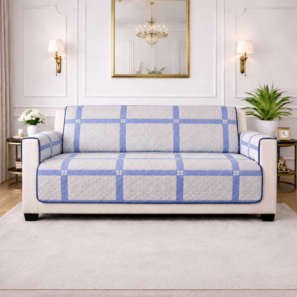Azure Check Reversible Cotton Quilted Sofa Cover with Armrest & Storage Pocket - (1, 2 & 3 Seater | 24x60, 48x60, 70x60 Inch)