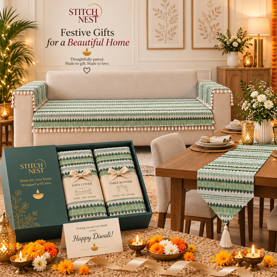 Evergreen Elegance Gift Set – Sofa Cover & Table Runner
