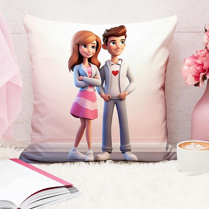 Valentine Romantic Cartoon Couple Cushion Cover (16x16 Inches)