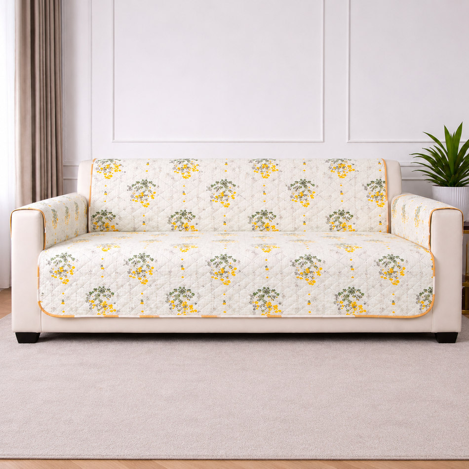 Meadow Bloom Reversible Cotton Quilted Sofa Cover with Armrest & Storage Pocket –  (1, 2 & 3 Seater | 24x60, 48x60, 70x60 Inch)