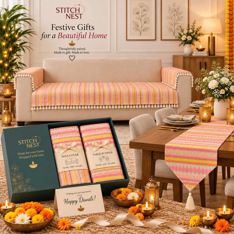 Rosy Sunset Gift Set – Sofa Cover & Table Runner (Pink)