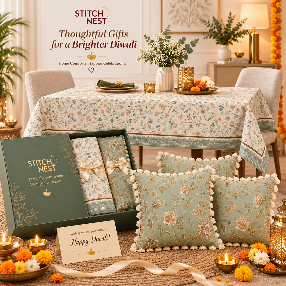 Festive Table Cover & Tasseled Cushion Cover Combo | Festive Home Décor Gift Set