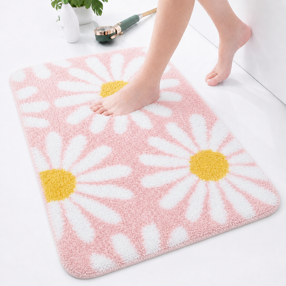 Daisy Bloom Plush Foot Mat – Soft Absorbent Floral Floor Mat for Bathroom, Bedroom & Home Décor, 40×60 cm
