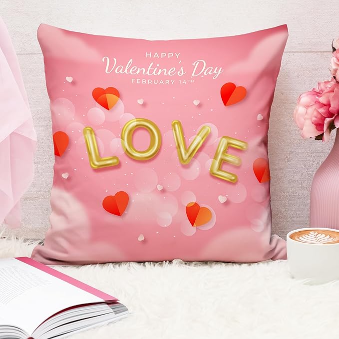 Valentine Love Hearts Cushion Cover (16x16 Inches)