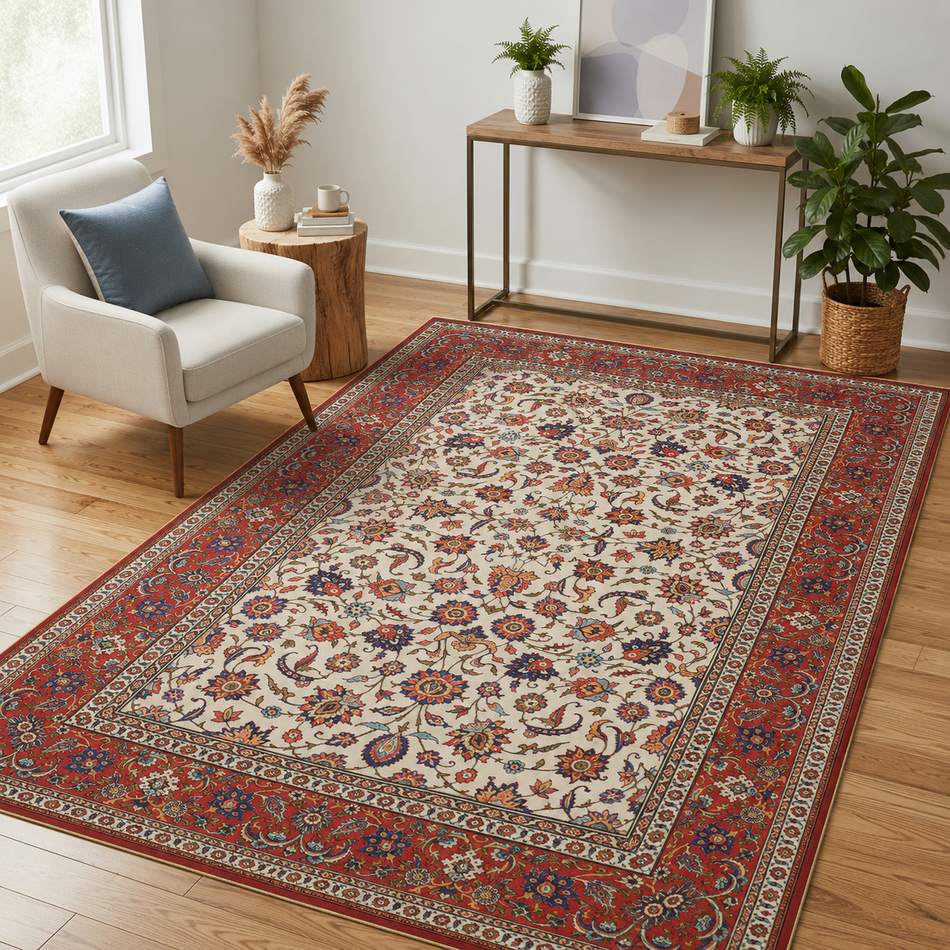 Ivory Garden Traditional Persian Floral Rug for Living Room | All-Over Paisley & Flower Print Carpet with Red Border | Ivory, Red & Navy 5 feet x 7 feet for Home Decor