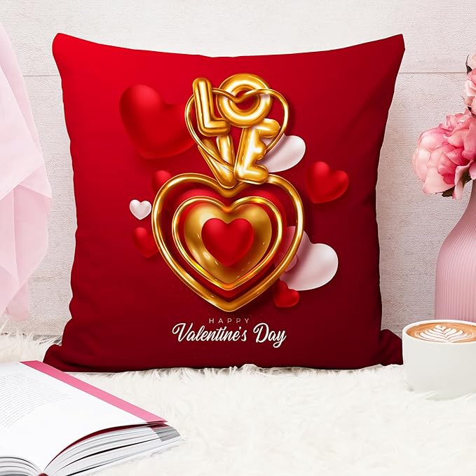 Red & Gold Valentine Cushion Cover (16x16 Inches)