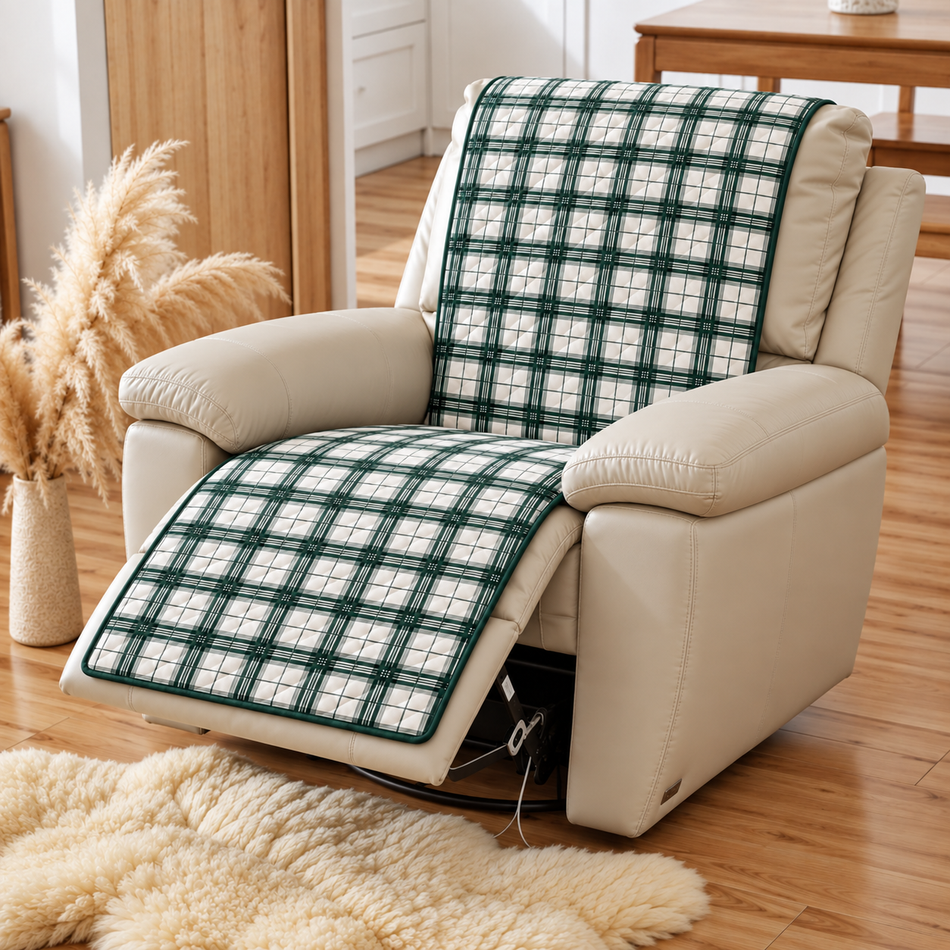 Classic Check Printed Diamond Quilted Recliner Chair Cover for Single Seater Sofa, 70 x 30 Inches – Decorative Furniture Protector with Backrest, Seat & Footrest Coverage