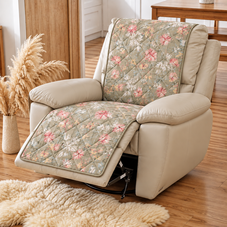 Botanical Floral Printed Diamond Quilted Recliner Chair Cover for Single Seater Sofa, 70 x 30 Inches – Decorative Furniture Protector with Backrest, Seat & Footrest Coverage