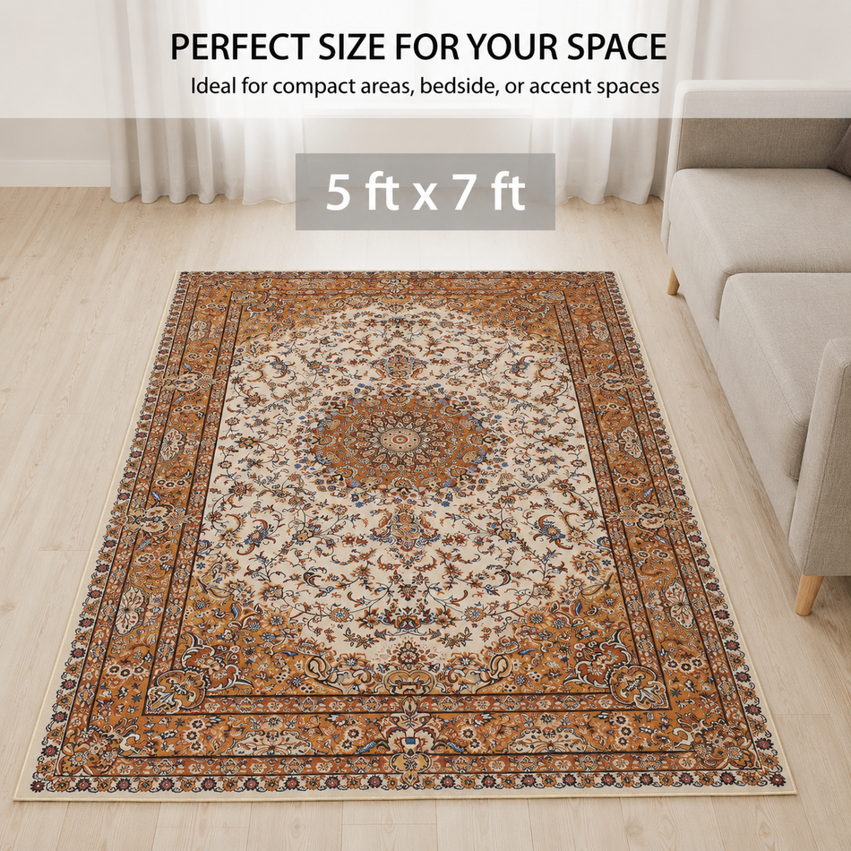 Golden Isfahan Traditional Persian Medallion Rug for Living Room | Classic Floral Vine Print Carpet with Ornate Border | Ivory, Gold & Brown 5 feet x 7 feet for Home Decor