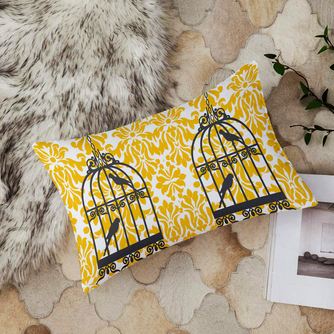 Soft Touch Luxurious Yellow Bird Printed Cotton Canvas Rectangular Cushion Cover Set of 2
