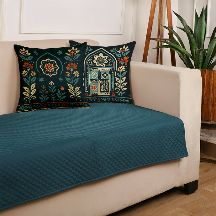 Quilted Vevlet Sofa Protector with Printed Satin Cushion Cover Set