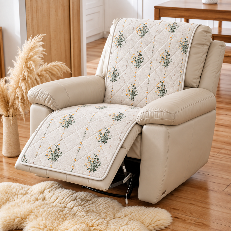 Floral Printed Diamond Quilted Recliner Chair Cover for Single Seater Sofa, 70 x 30 Inches – Decorative Furniture Protector with Backrest, Seat & Footrest Coverage
