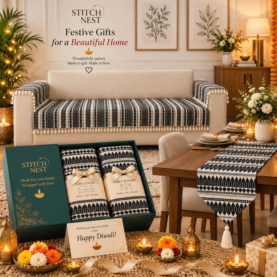 Monochrome Elegance Festive Home Gifting Set – Black & Ivory Woven Sofa Cover with Matching Table Runner Combo