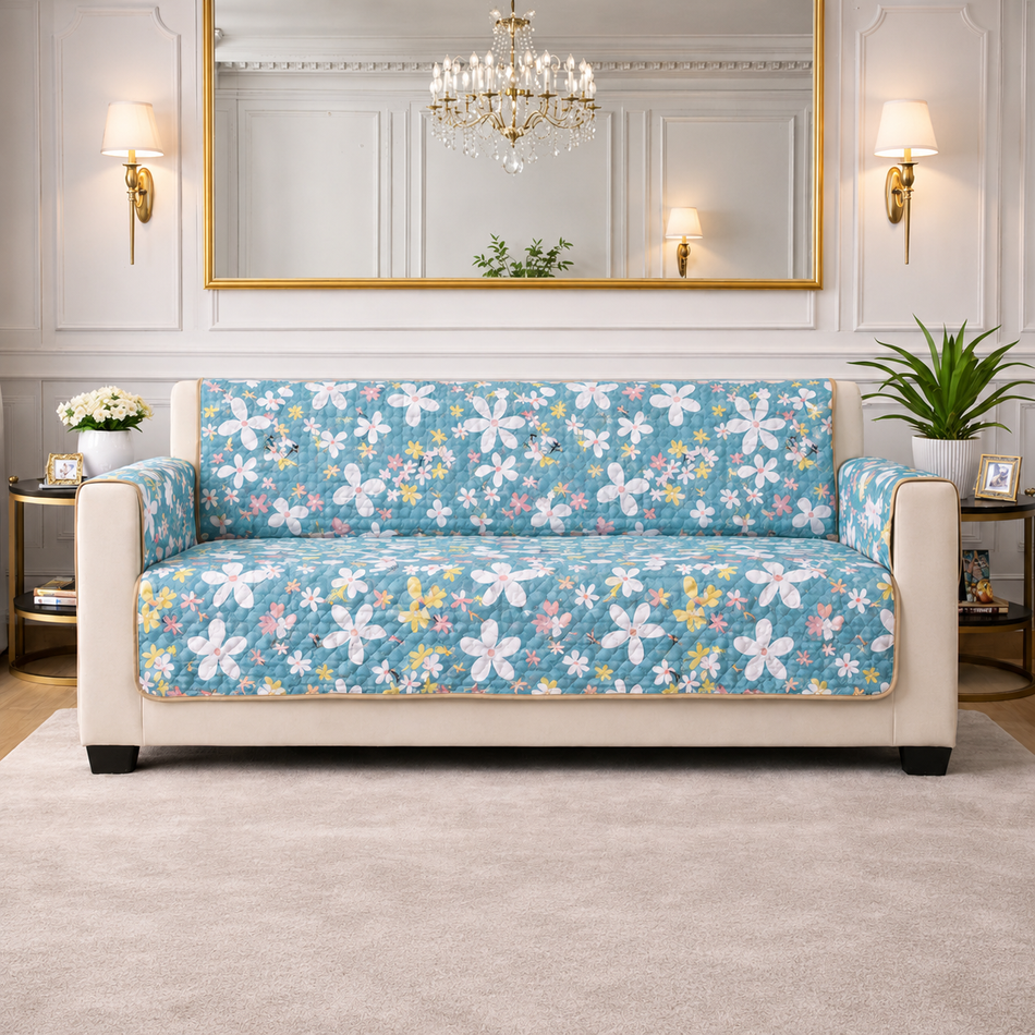 Sunny Blossom Reversible Cotton Quilted Sofa Cover with Armrest & Storage Pocket –  (1, 2 & 3 Seater | 24x60, 48x60, 70x60 Inch)