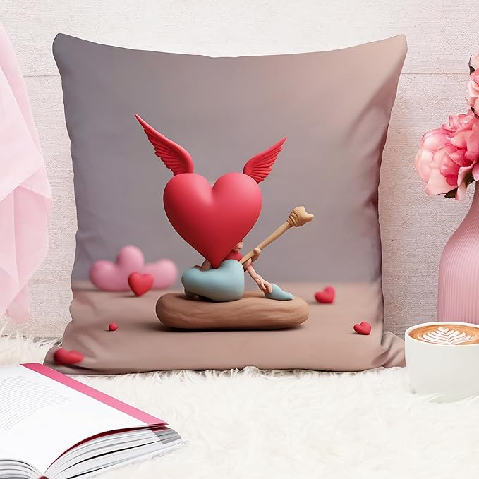 Valentine Romantic Heart Cupid Cushion Cover (16x16 Inches)