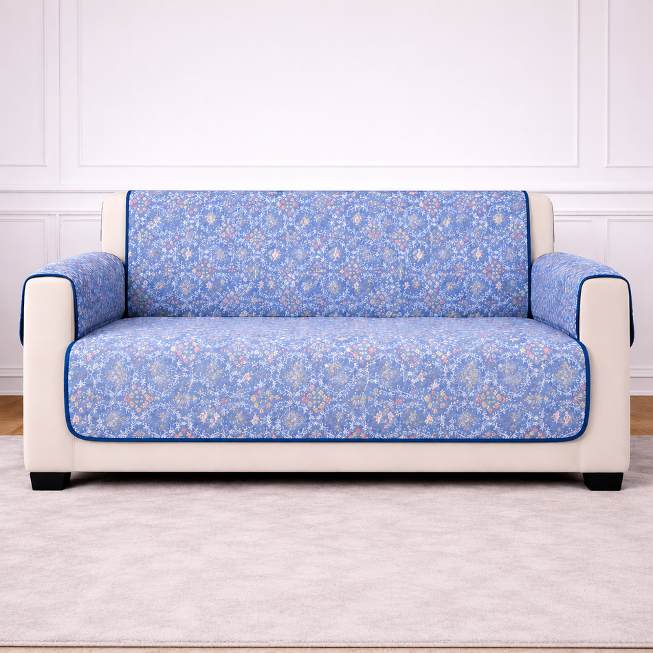 Blue Blossom Reversible Cotton Quilted Sofa Cover with Armrest & Storage Pocket –  (1, 2 & 3 Seater | 24x60, 48x60, 70x60 Inch)