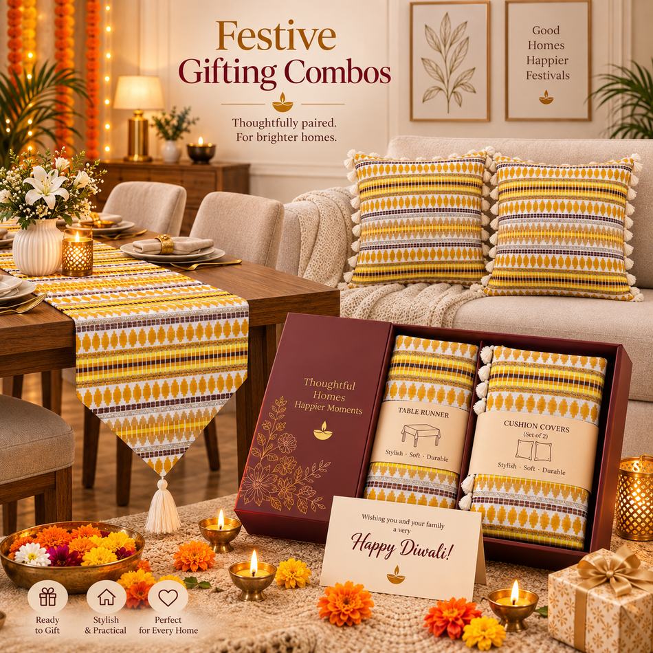 Golden Harmony Festive Home Décor Gifting Combo – Table Runner & Cushion Covers