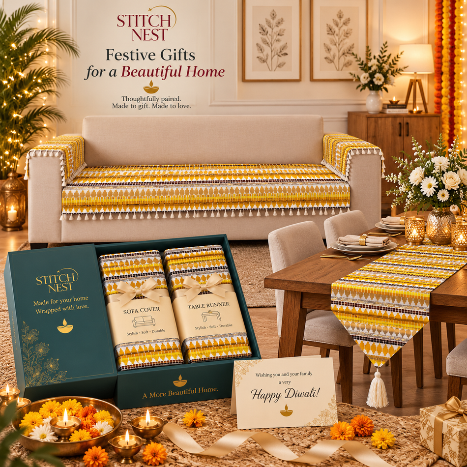 Saffron Glow Gift Set – Sofa Cover & Table Runner