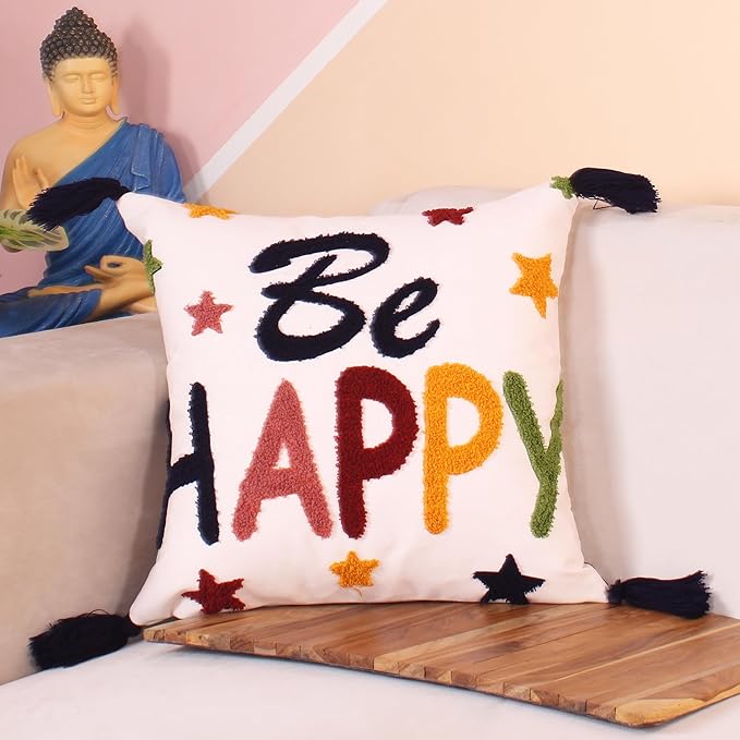 Be Happy Embroidered Tufted Cushion Cover