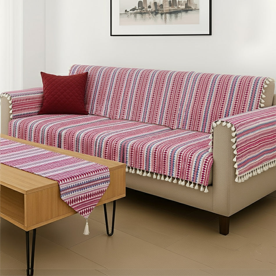 Woven Charm Maroon Sofa Cover & Table Runner Set