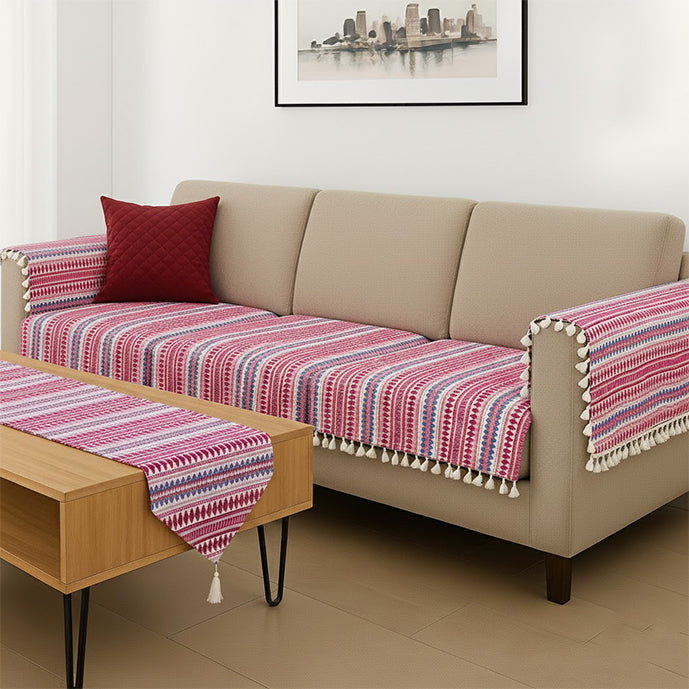 Woven Charm Maroon Sofa Cover & Table Runner Set