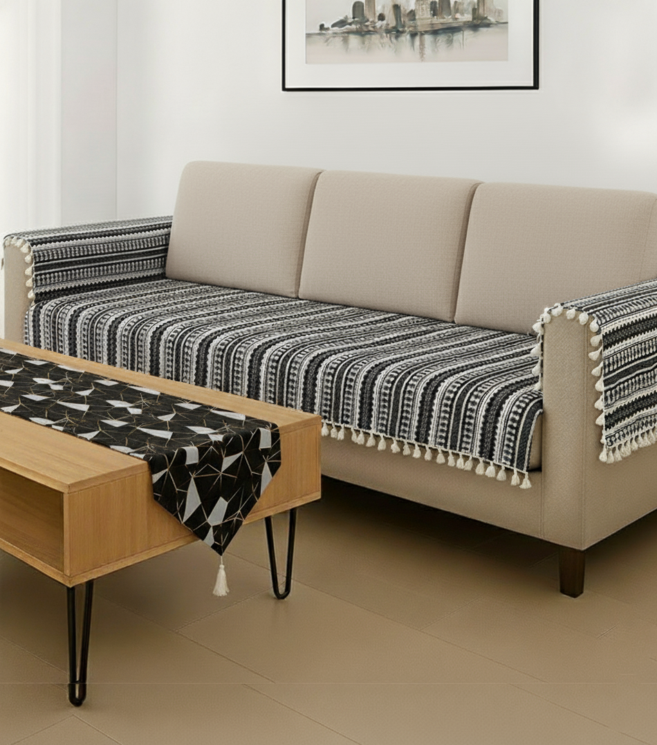 Woven Charm Black Sofa Cover & Polycotton Table Runner Set