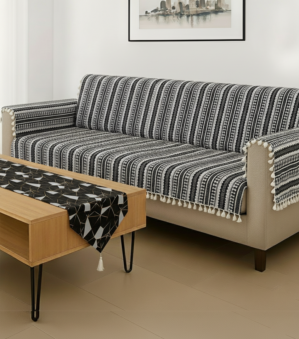 Woven Charm Black Sofa Cover & Polycotton Table Runner Set