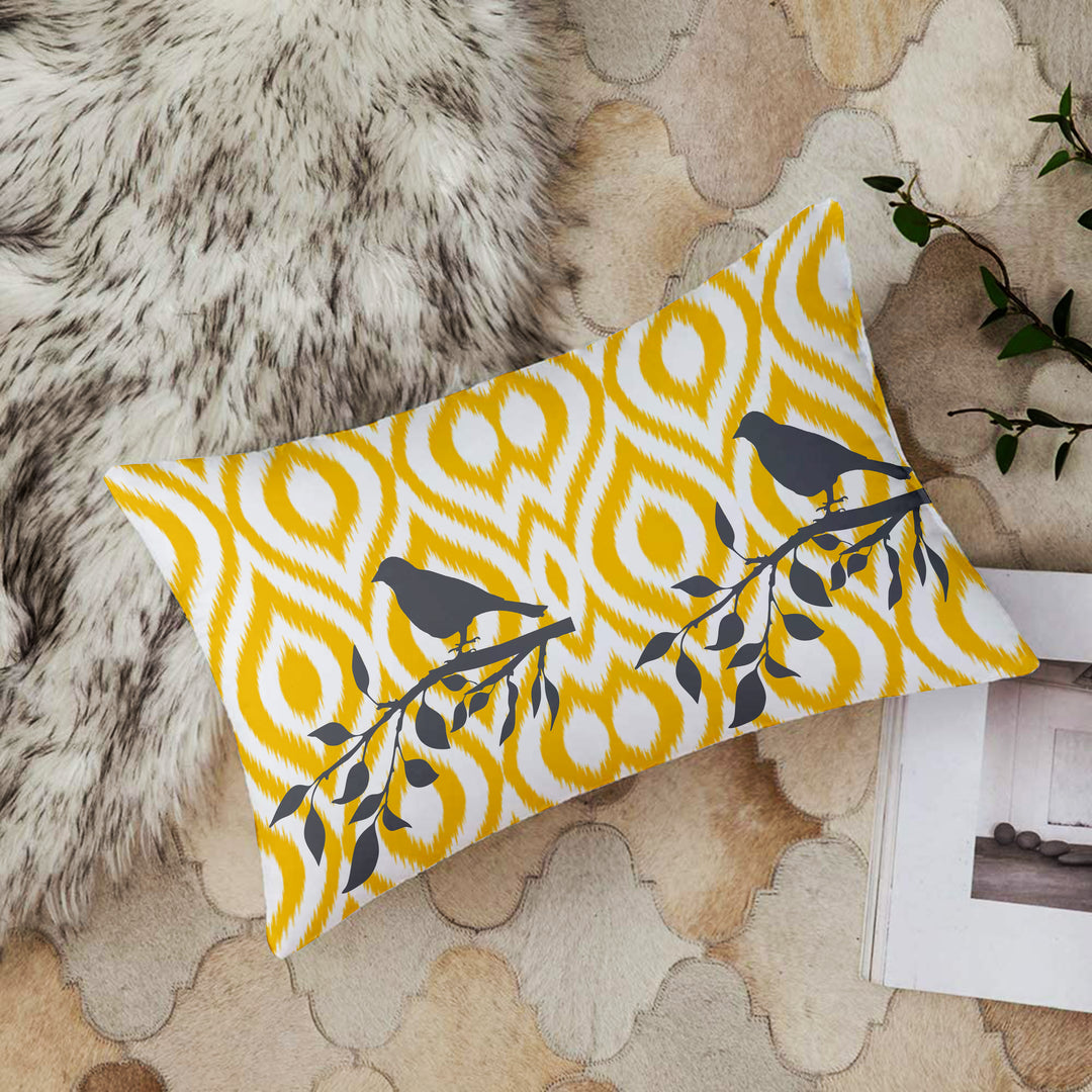 Soft Touch Luxurious Yellow Bird Printed Cotton Canvas Rectangular Cushion Cover Set of 2