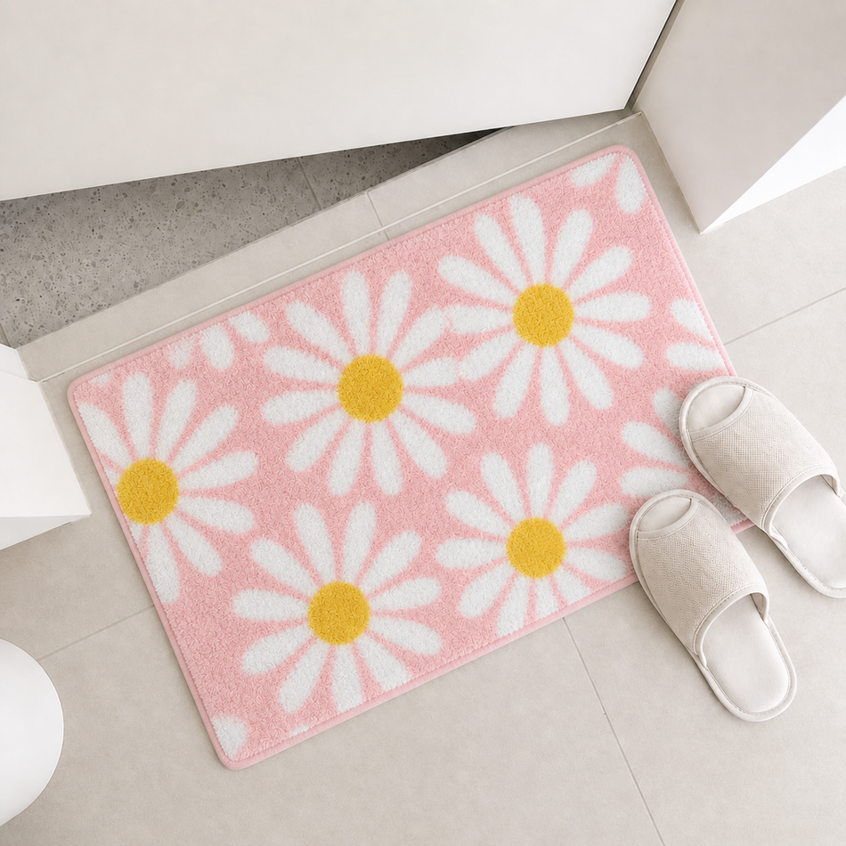 Daisy Bloom Plush Foot Mat – Soft Absorbent Floral Floor Mat for Bathroom, Bedroom & Home Décor, 40×60 cm