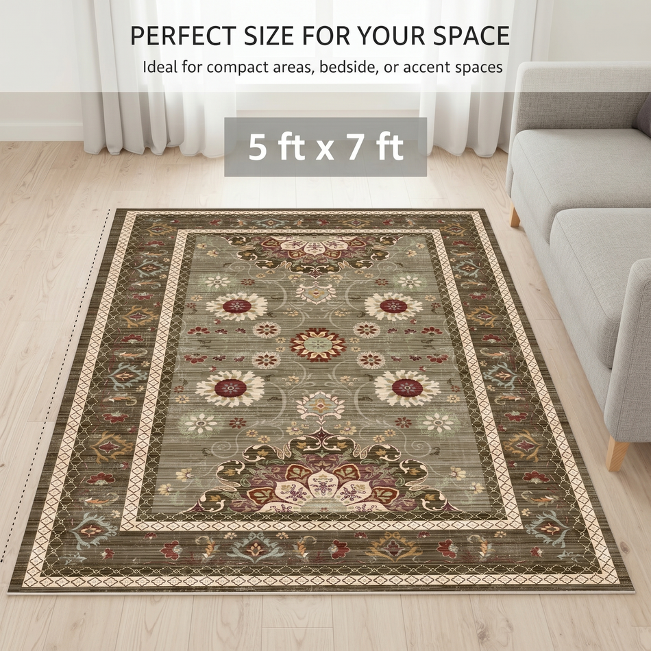 Olive Suzani Bloom Traditional Floral Rug for Living Room | Vintage Suzani Flower & Lattice Border Print Carpet | Olive Green, Maroon & Cream 5 feet x 7 feet for Home Decor