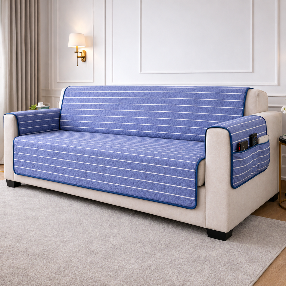 Azure Check Reversible Cotton Quilted Sofa Cover with Armrest & Storage Pocket - (1, 2 & 3 Seater | 24x60, 48x60, 70x60 Inch)