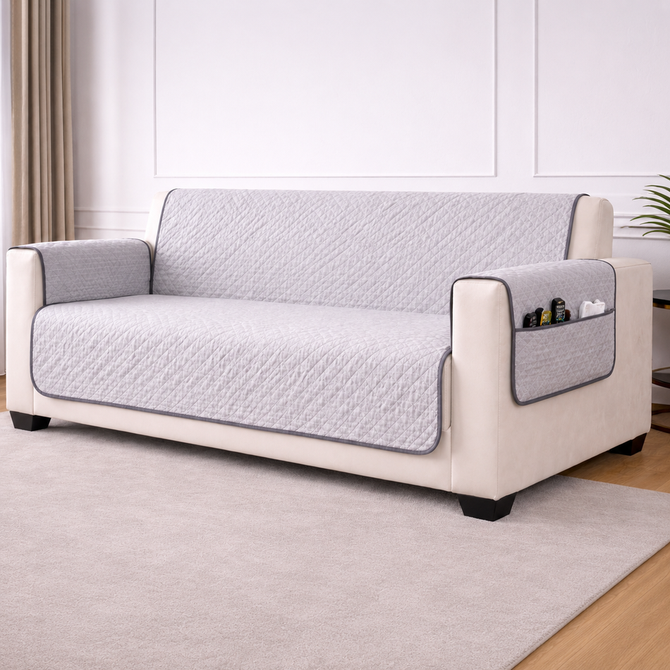 Rose Whisper Reversible Cotton Quilted Sofa Cover with Armrest & Storage Pocket –  (1, 2 & 3 Seater | 24x60, 48x60, 70x60 Inch)