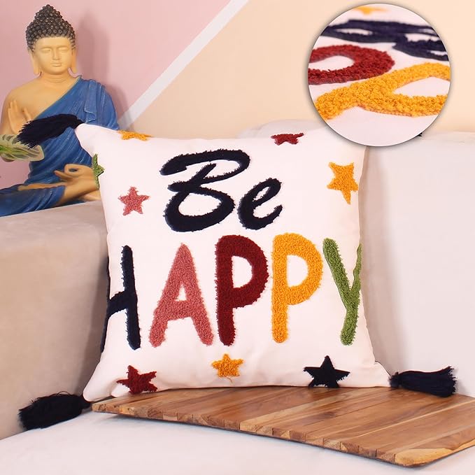 Be Happy Embroidered Tufted Cushion Cover