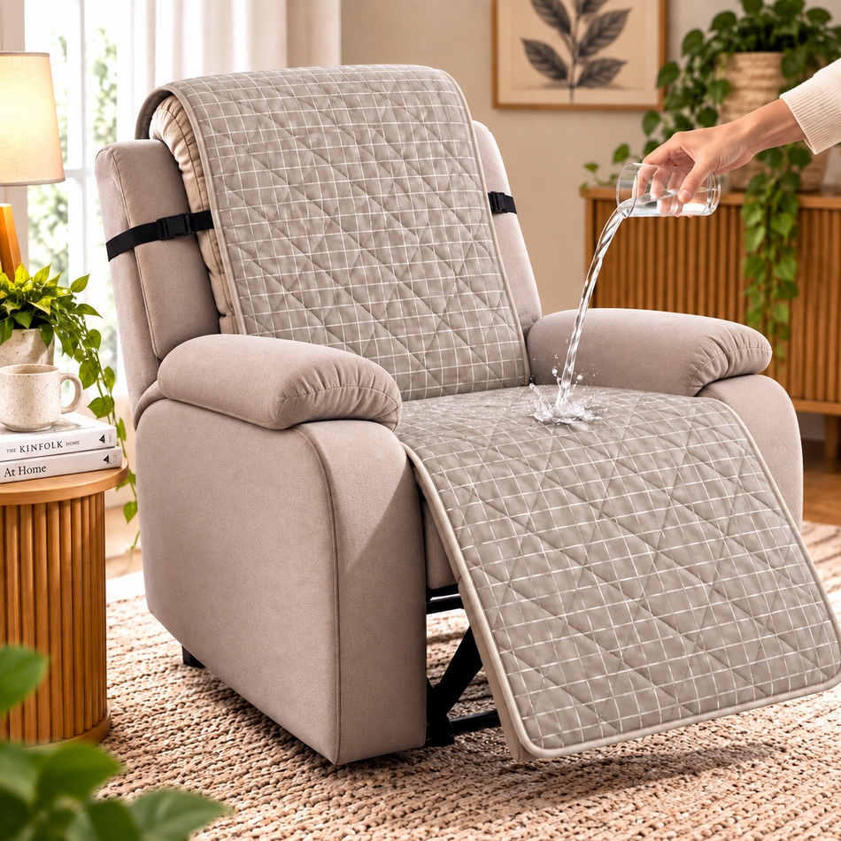 Geometric Grid Printed Diamond Quilted Recliner Chair Cover for Single Seater Sofa, 70 x 30 Inches – Decorative Furniture Protector with Backrest, Seat & Footrest Coverage