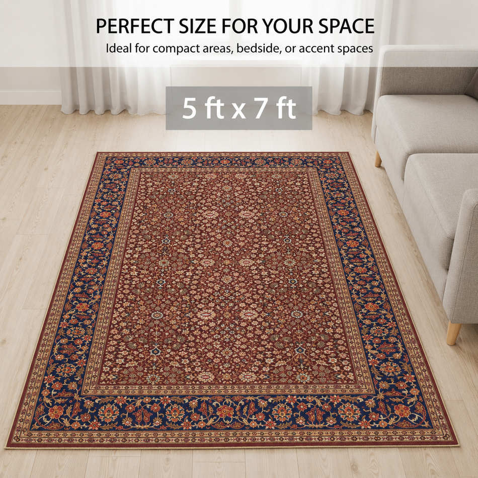 Nawabi Bagh Traditional Persian Floral Rug for Living Room | All-Over Fine Flower Print Carpet with Navy Border | Burgundy Red, Navy Blue & Beige 5 feet x 7 feet for Home Decor