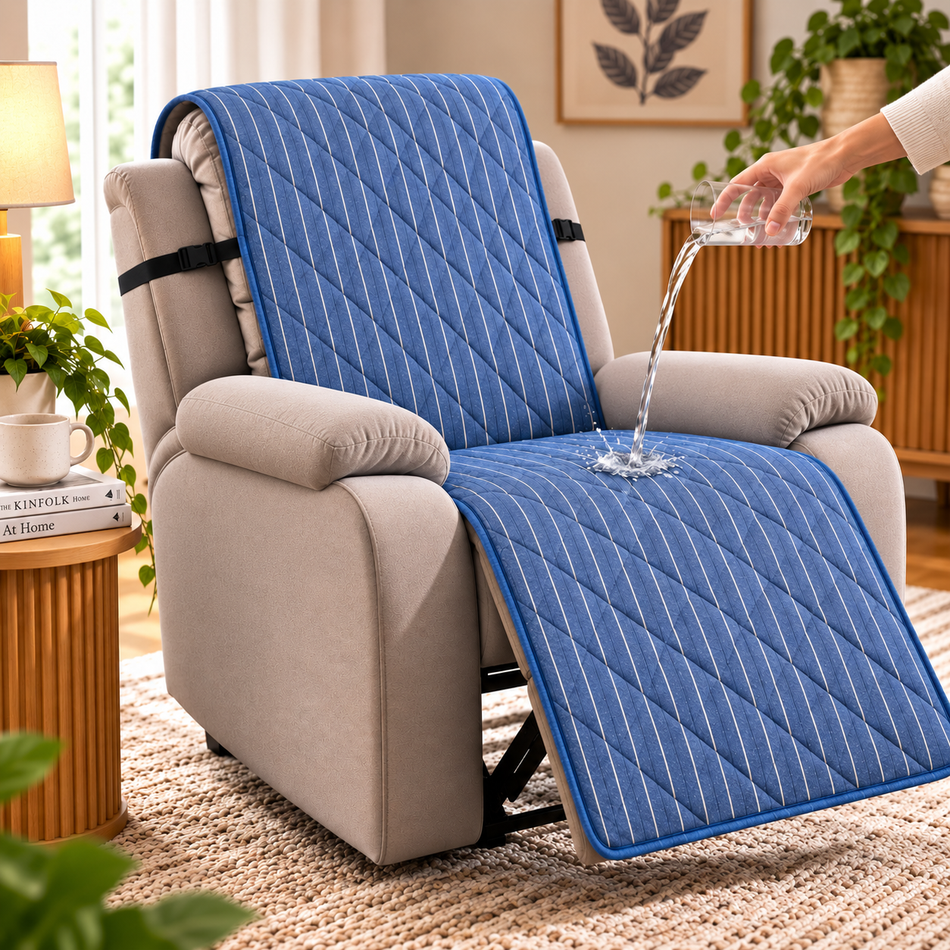 Pinstripe Printed Diamond Quilted Recliner Chair Cover for Single Seater Sofa, 70 x 30 Inches – Decorative Furniture Protector with Backrest, Seat & Footrest Coverage