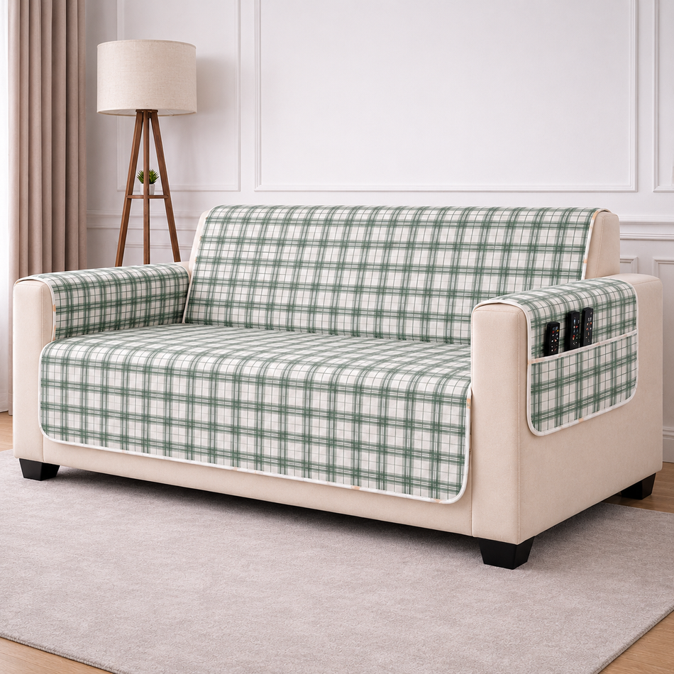 Meadow Bloom Reversible Cotton Quilted Sofa Cover with Armrest & Storage Pocket –  (1, 2 & 3 Seater | 24x60, 48x60, 70x60 Inch)