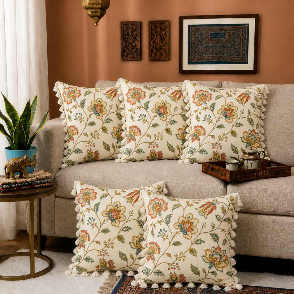 Traditional Table Cover & Tasseled Cushion Cover Combo | Festive Home Décor Gift Set