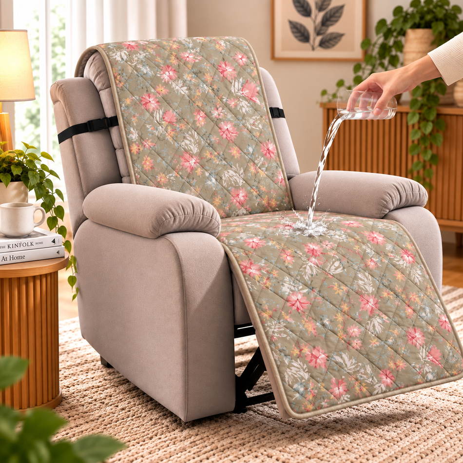 Botanical Floral Printed Diamond Quilted Recliner Chair Cover for Single Seater Sofa, 70 x 30 Inches – Decorative Furniture Protector with Backrest, Seat & Footrest Coverage