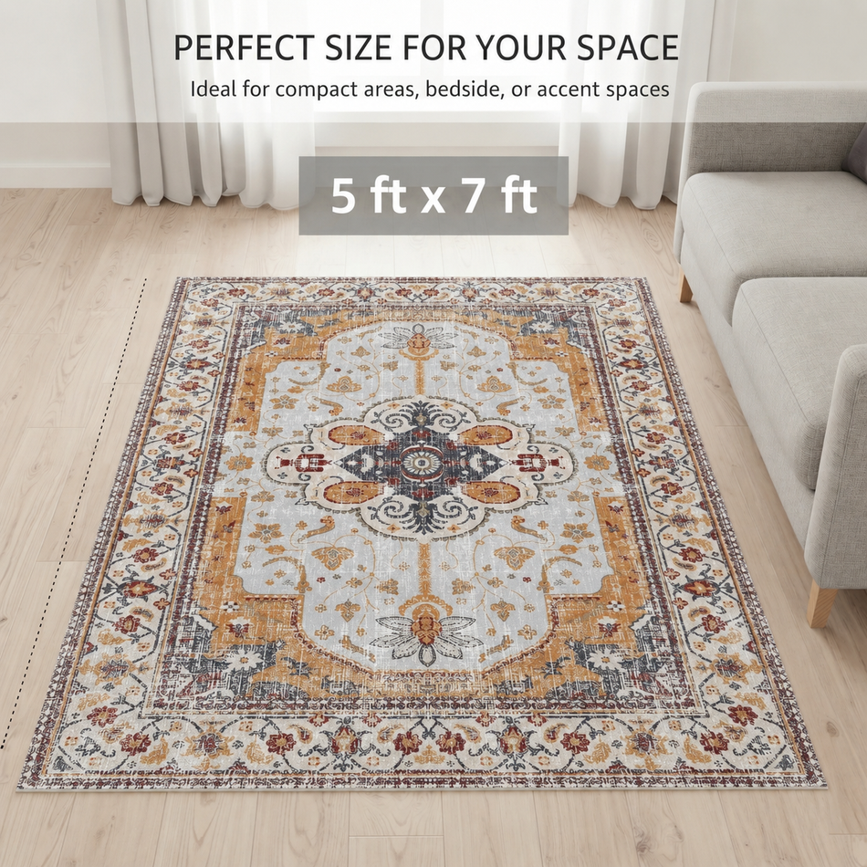 Saffron Heritage Vintage Persian Medallion Rug for Living Room | Traditional Floral Border Distressed Print Carpet | Ivory, Mustard & Maroon 5 feet x 7 feet for Home Decor