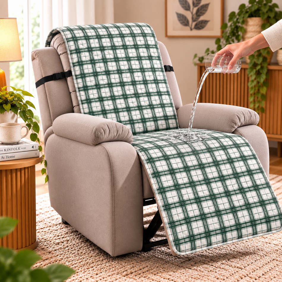 Classic Check Printed Diamond Quilted Recliner Chair Cover for Single Seater Sofa, 70 x 30 Inches – Decorative Furniture Protector with Backrest, Seat & Footrest Coverage